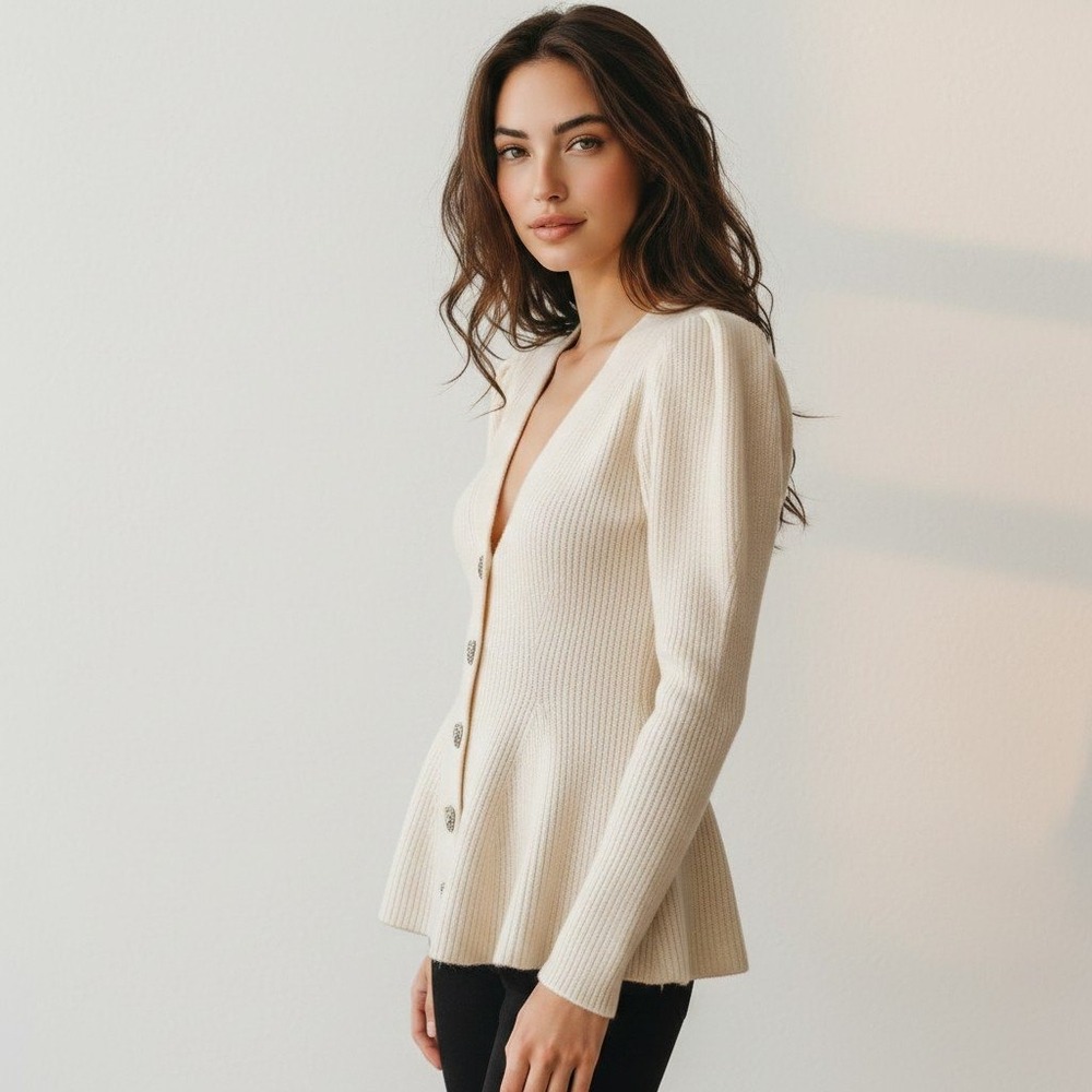 Maeve Ivory Ribbed Wool Peplum Cardigan Rhinestone Heart Buttons Size‎ XXS